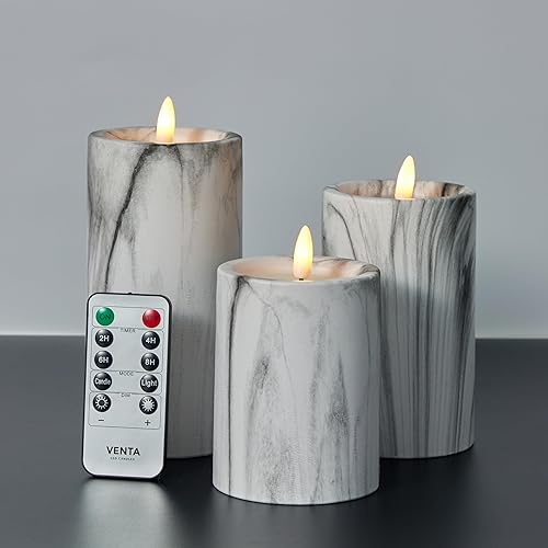 VENTA Marble Flameless Pillar Candles, Set of 3 (4" 5"