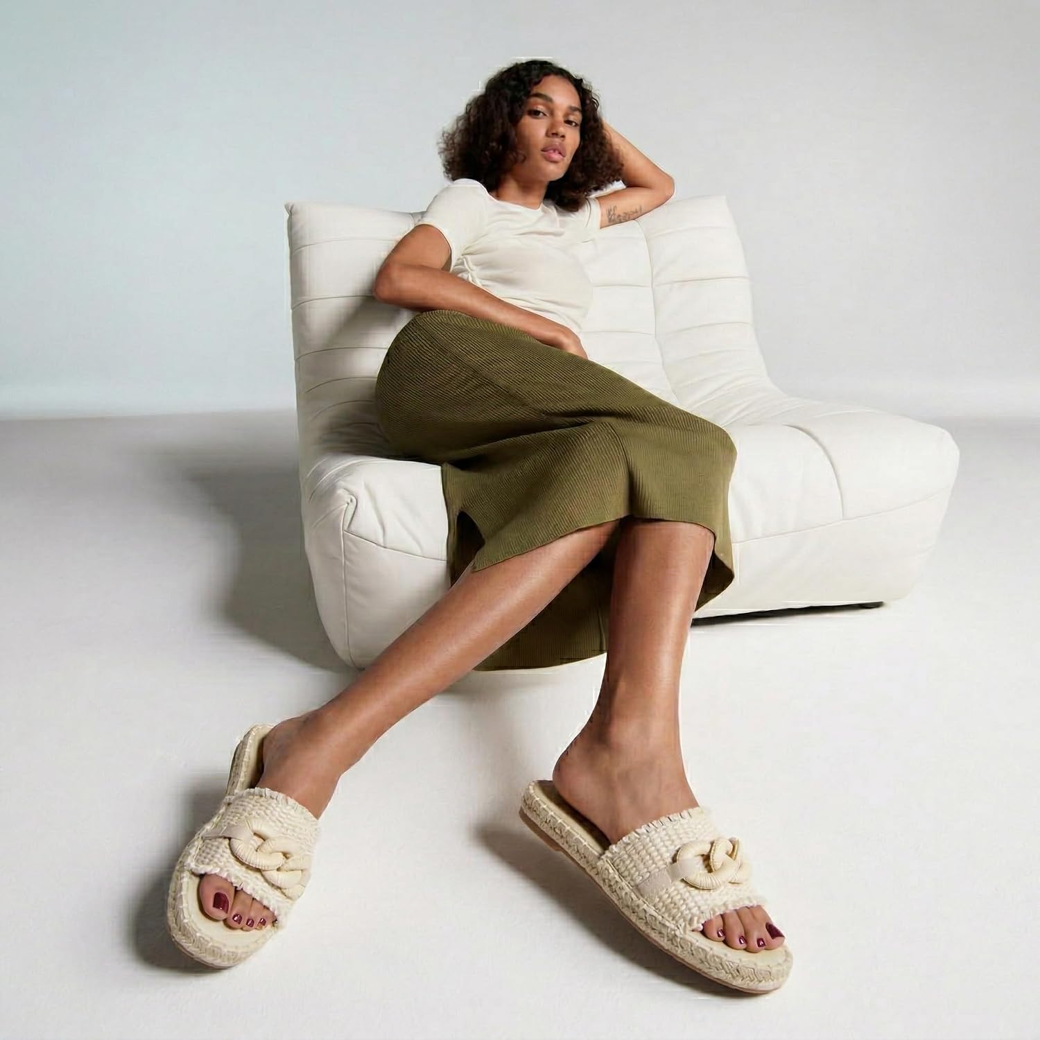 CUSHIONAIRE Lucia Raffia Bow Espadrille Sandals for Women, Woven Straw Flat Slide Summer Sandals with Cushioned Footbed