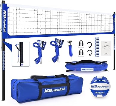 Haokelball Outdoor Portable Heavy Duty Volleyball Net Set for Backyard with Adjustable Height Poles, Net Tension Adjuster, Volleyball, Pump, Boundary Line and Carry Bag