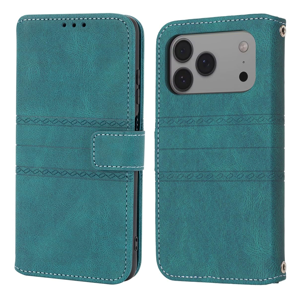 Étui en cuir iPhone 15 Pro Max vert rabat magnétique compatible