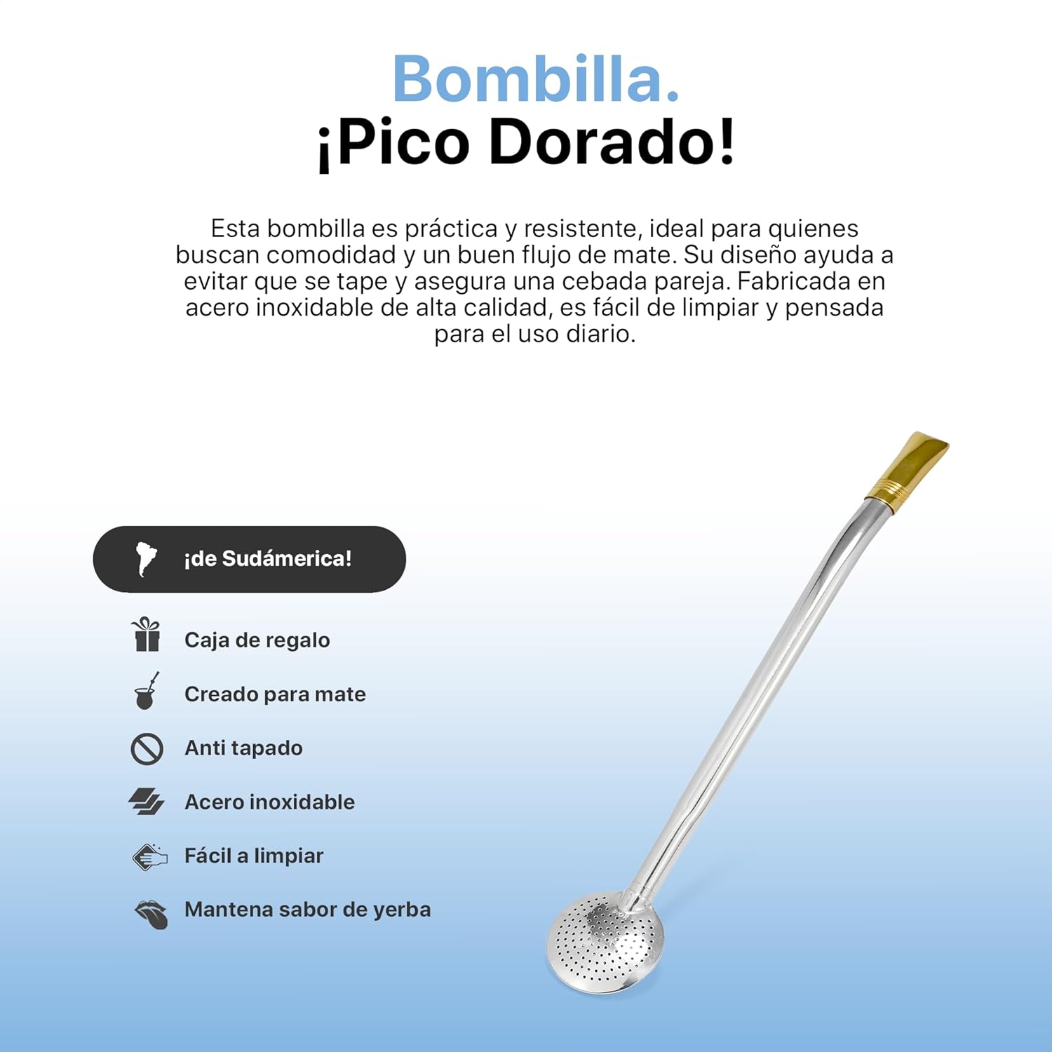 Bombilla de Acero Inoxidable Pico Dorado para Mate – Durable, Perfecta para Mate Argentino y Brasileño