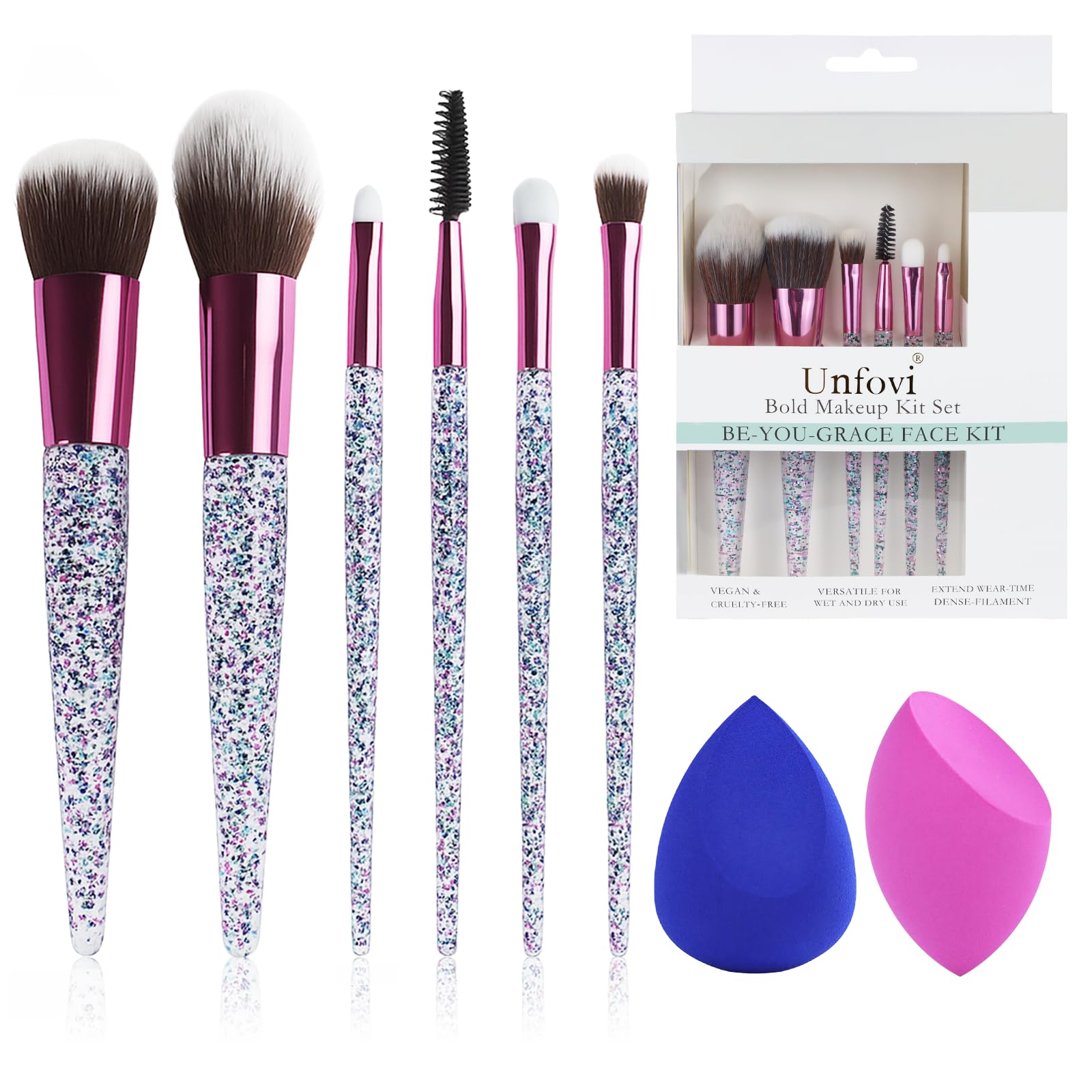 6-Piece Makeup Brush Set with 2 Beauty Sponges Bling Crystal Handle - Daily Essential Cosmetic Brushes Kit for