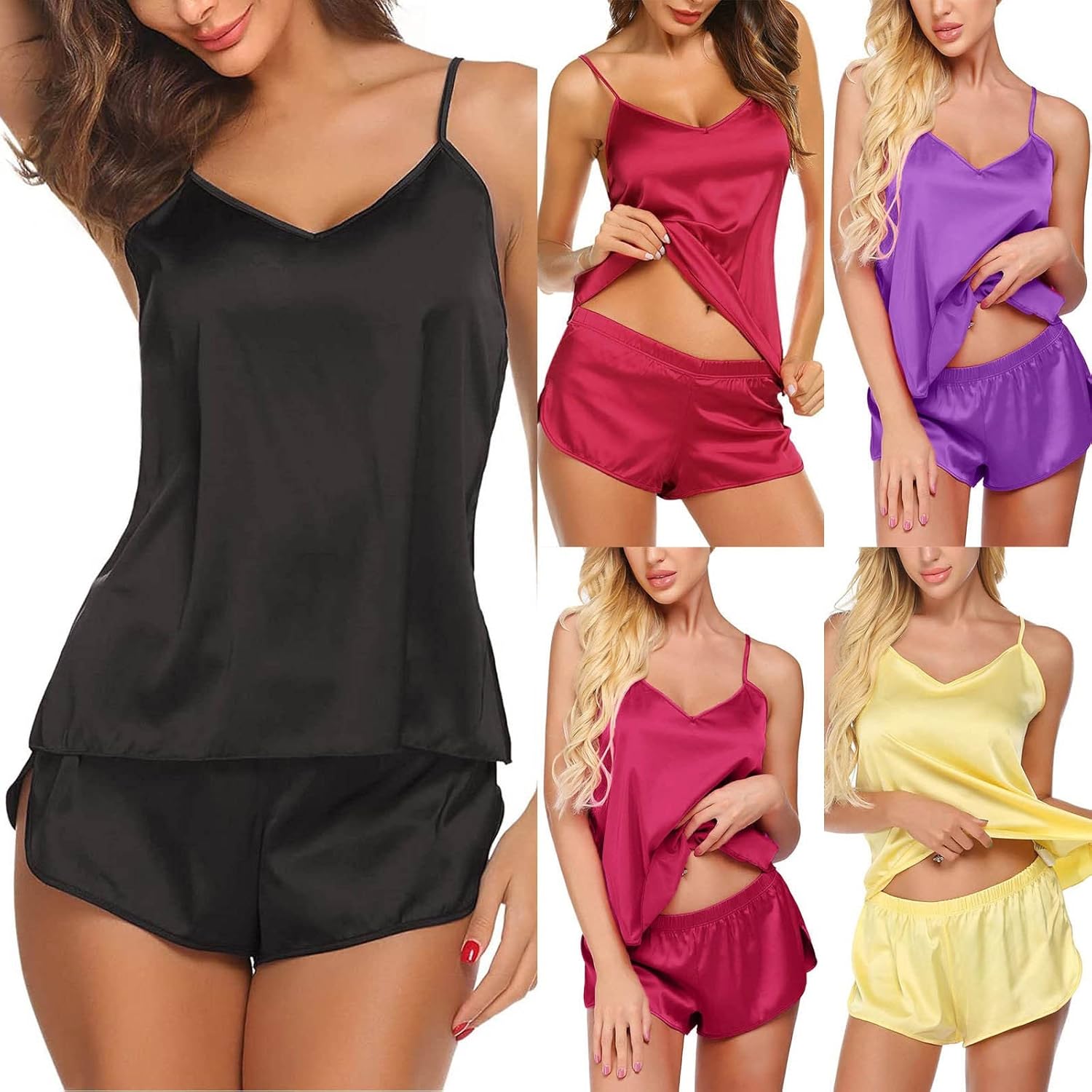 【HENSHU(ヘンシュです)】★正規品★[ヘンシュです] 女性用パジャマ レディース女性サテンセクシーランジェリーレースパジャマスセットエレガントなノースリーブトップとショ