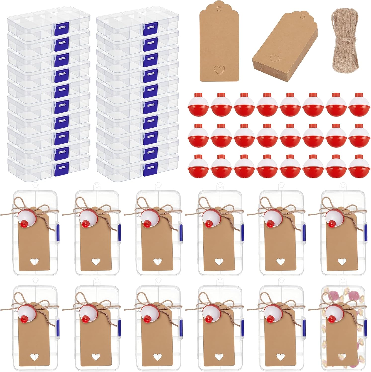 30 Set Fishing Candy Little Tackle Boxes with 30 Fishing Bobber 20M Jute Twine 30 Kraft Paper Tags for DIY Decoration Fishing Party Favors Gone Fishing Theme Supplies
