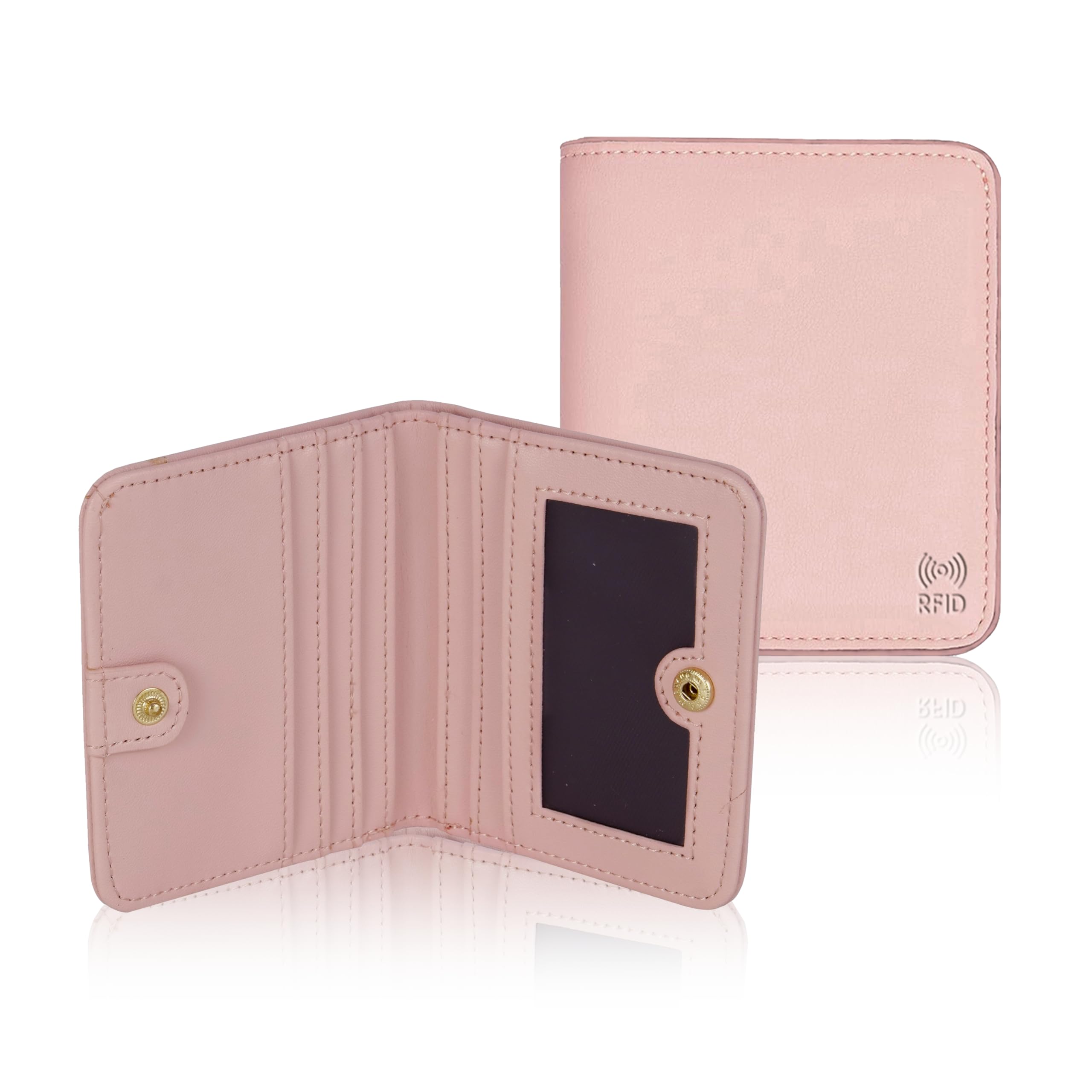 Womens RFID Blocking Small Compact Leather Wallet Women's Slim and Easy to Fit in Pocket,6 Card Slots,1 ID Window, Ladies Mini Purse Money Pocket with Button Closure (Pink -10.4 Cm x 9 x 2 Cm)