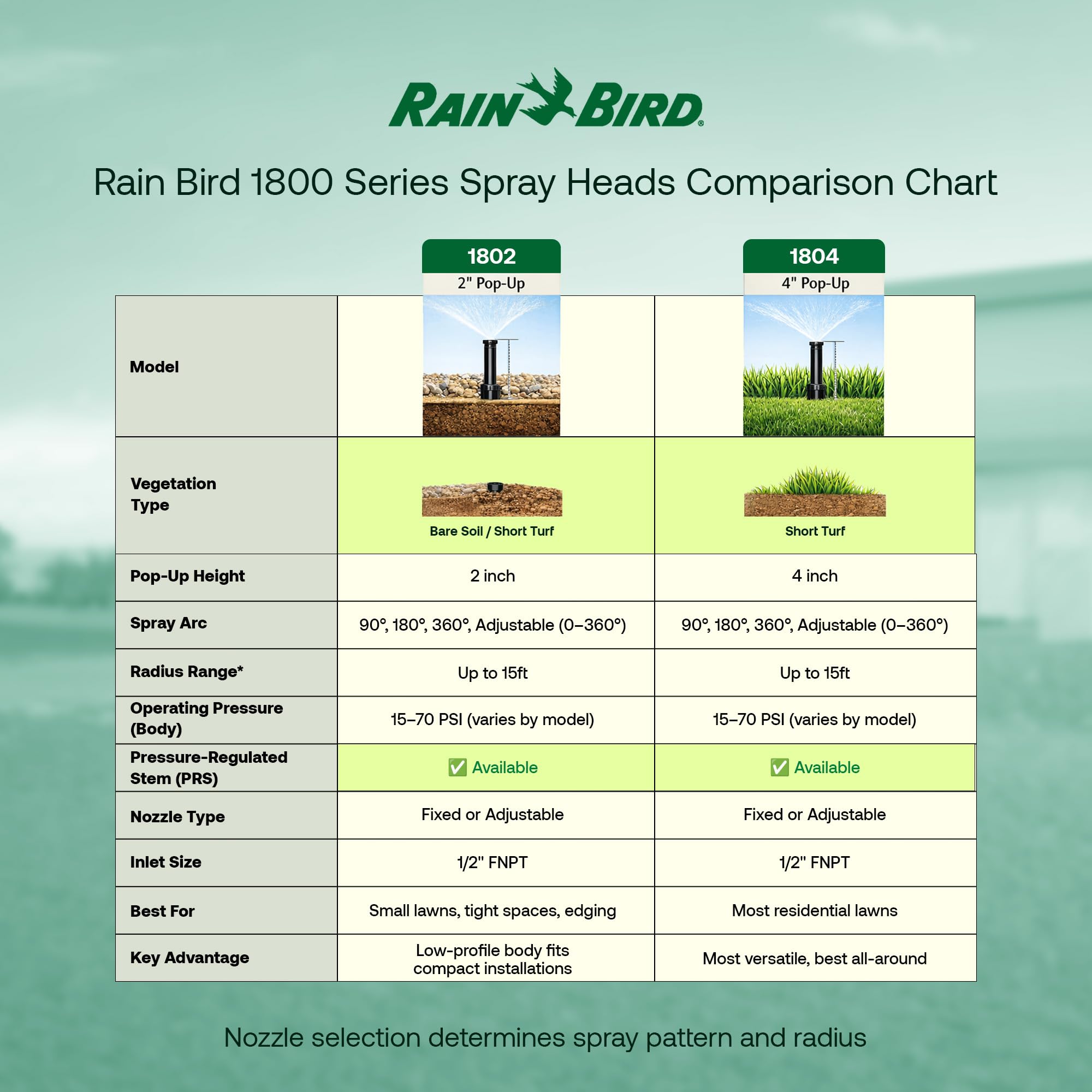 Rain Bird 1804APPRS Druckgeregelter 1800 Series Dual Spray 10,2 cm Pop-Up-Sprinklerkopf, 4 Stück, wassereffizienter Rasensprenger mit 360-Grad-Muster, 1,27 cm NPT, bis zu 4,5 m Sprühabstand