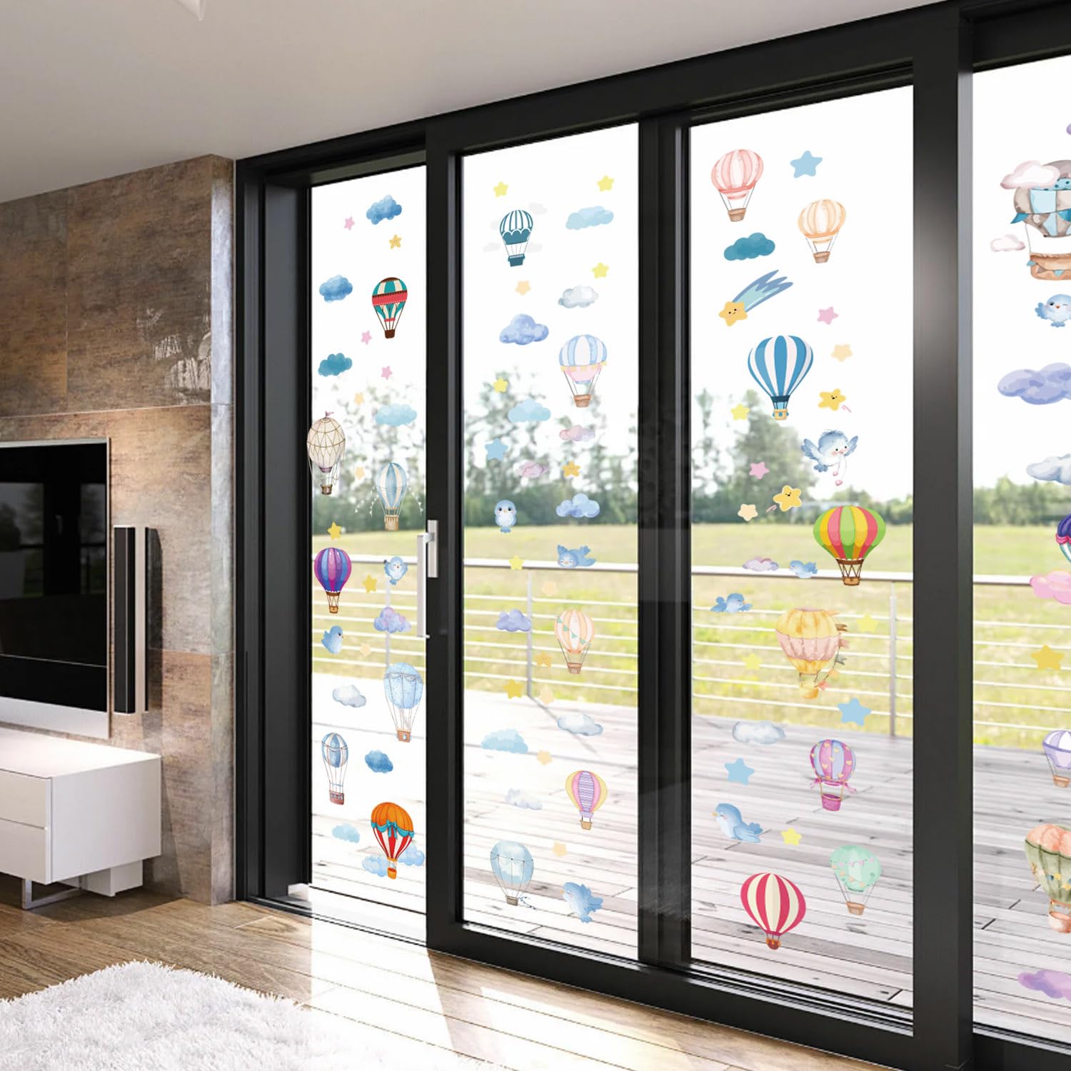 ORIGACH 9 Sheets Hot Air Balloons Window Clings Watercolor Hot Air Balloon Double Sided Window Decals Cloud Star Bird Anti-Collision Glass Window Shower Door Stickers Nursery Bedroom Living Room - Image 4