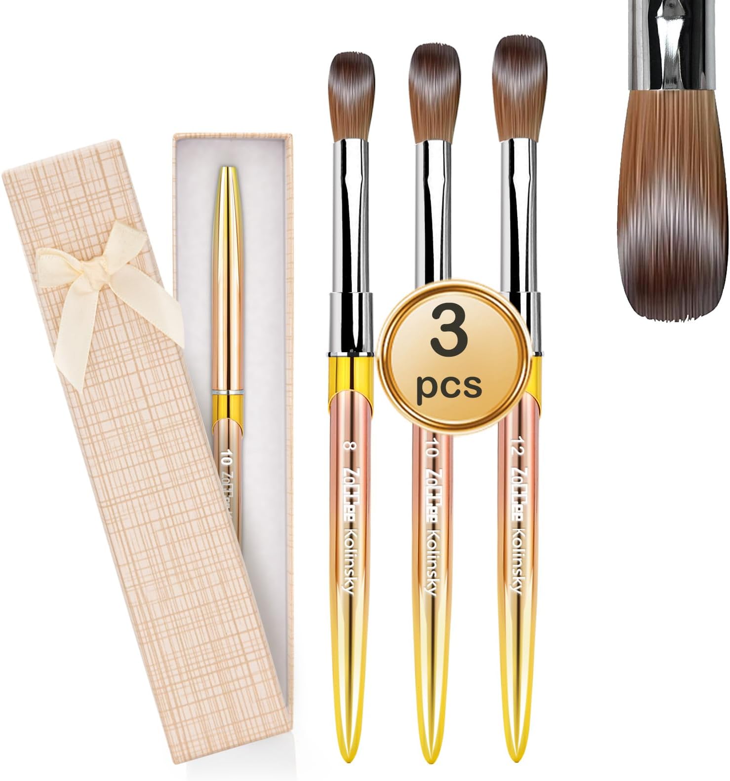 3Pcs Acrylic Nail Brush - Size #8#10#12-100% Kolinsky Nail Brushes for Acrylic Application (Gold)