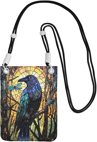 Cell Phone Crossbody Bag for Girl Women, Black Strap, Polyester Material, Adjustable and Detachable Shoulder Strap Artwork Blue Crow Stained Glass Window Pattern