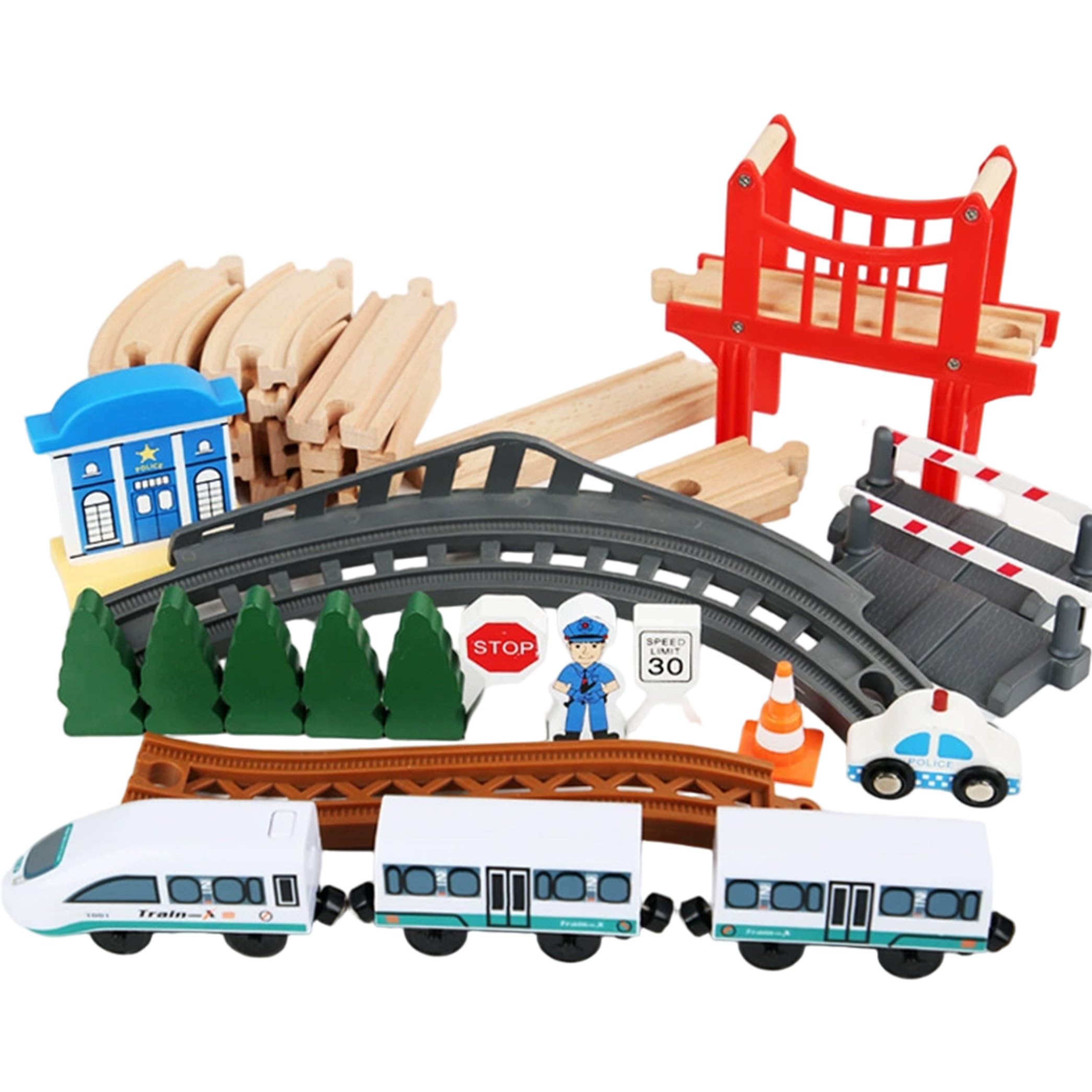 Tren Que Funciona con Baterías para Vías De Madera, Juego De Trenes De Juguete DIY De 42 Piezas