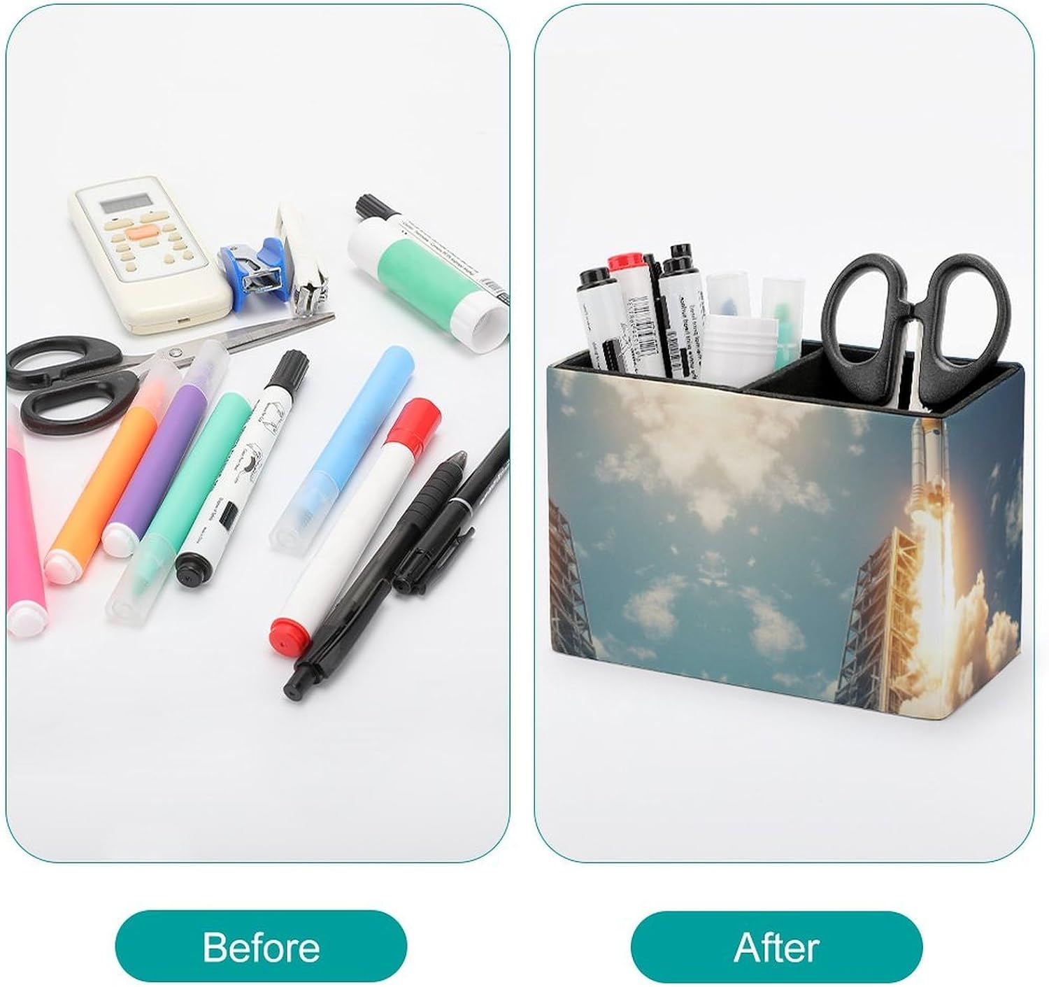 Rocket Launch Pencil Pen Holder PU Leather Desk Storage Organizer Makeup Brush Box
