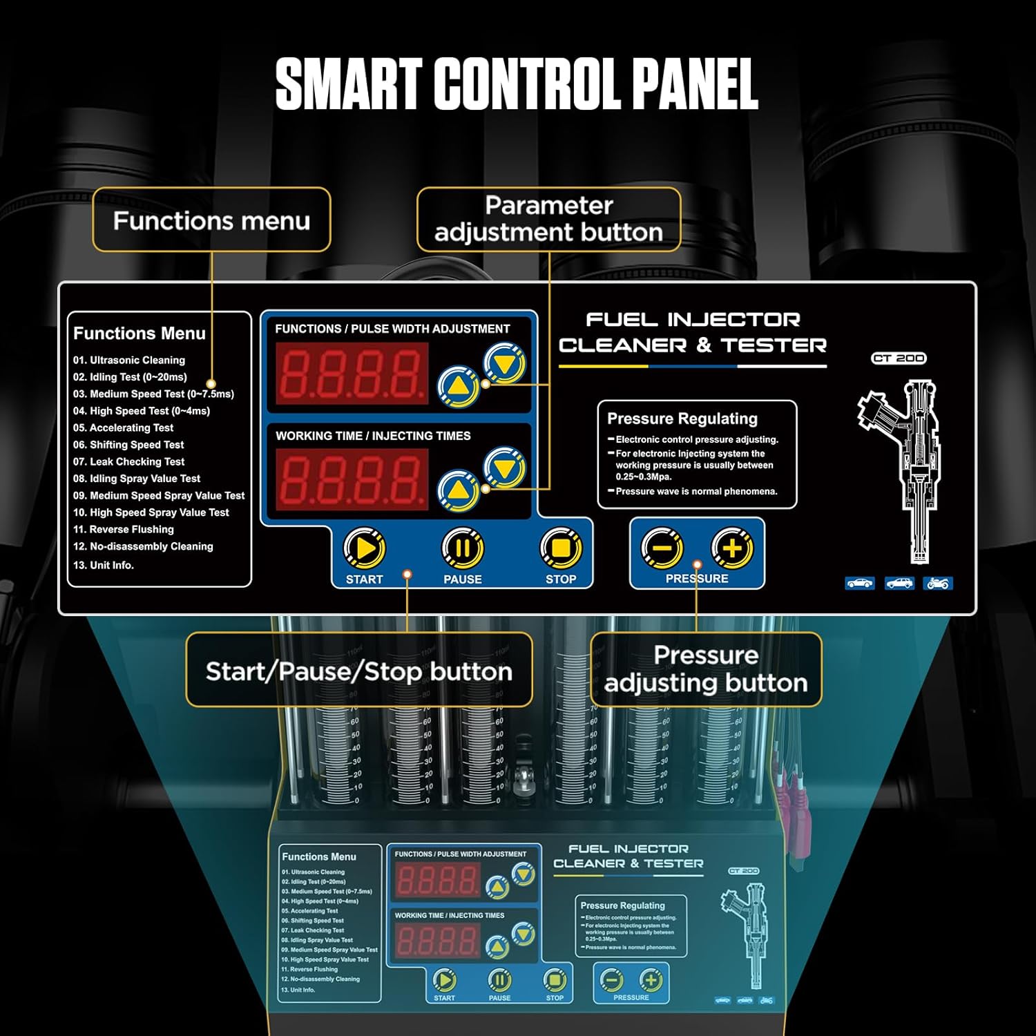 Fuel Injector Cleaner Tester CT200 Automotive 6-Cylinder Ultrasonic Wave Fuel Injector Cleaner Tester Gasoline Direct Injection Piezo Fuel Nozzle/High Pressure Fuel Injector Cleaner Tester 110V/220V