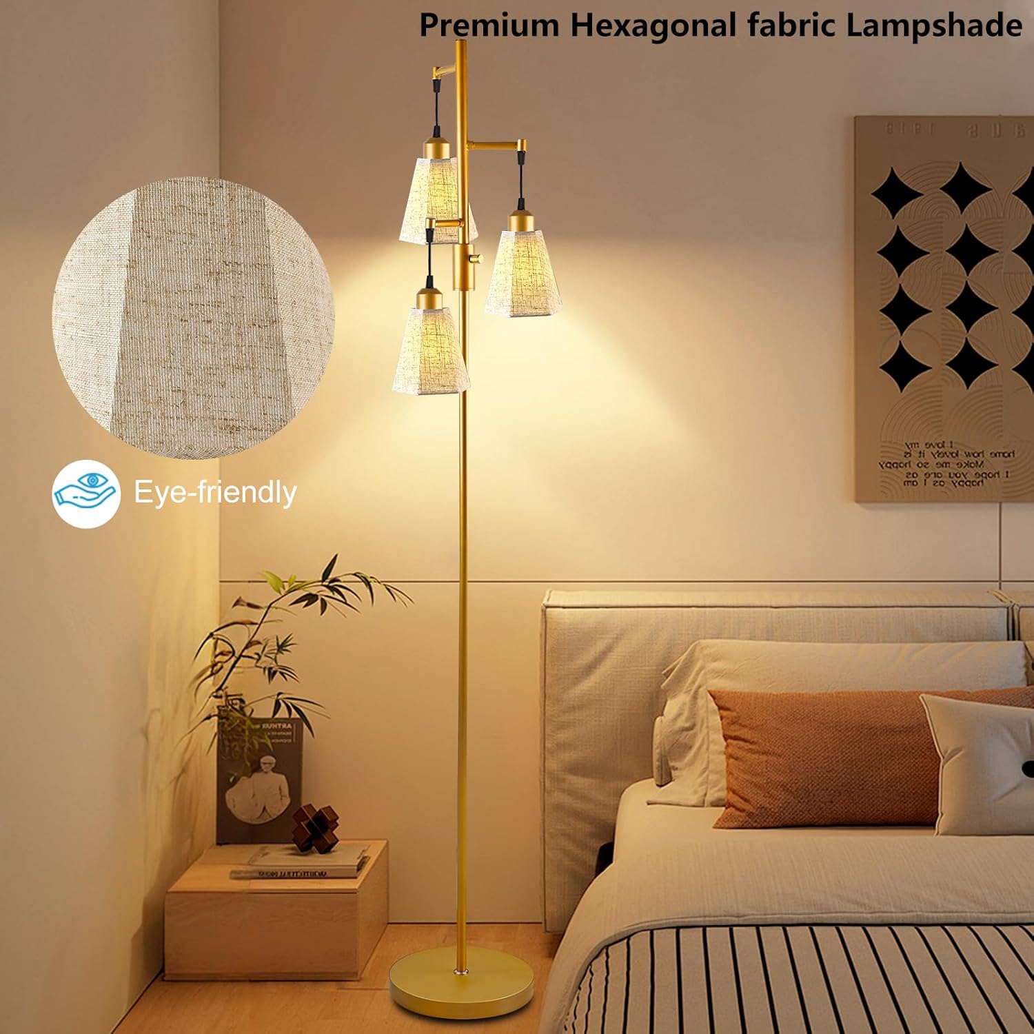 Lightdot 68IN Dimmable Floor Lamp for Living Room, Industrial 3-Light Tree Floor Lamps with LED E26 Bulbs Included, Mid Century Floor Lamp with Fabric Patterned Lampshades for Bedroom HOM Office-Gold