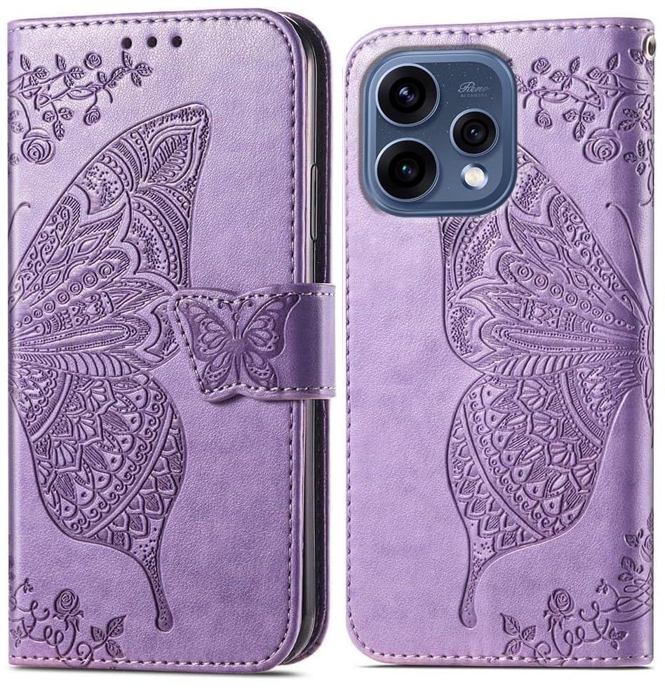 Image of ClickCase Butterfly Series for Oppo Reno 15 5G Leather Embossing Wallet Flip Case Kick Stand Magnetic Closure Flip Cover for Oppo Reno 15 5G (Purple)