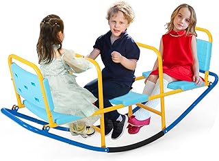 HONEY JOY Kids Seesaw Teeter Totter, 3-Person Heavy Duty Metal Playground Equipment for Backyard, Indoor Outdoor Rocking Fun for Toddlers Boys Girls Age 3-8, Teeter Totter for Kids Outdoor(Blue)