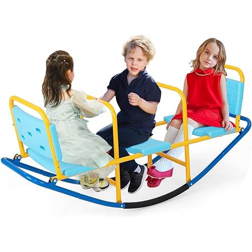 HONEY JOY Kids Seesaw Teeter Totter, 3-Person Heavy Duty Metal Playground Equipment for Backyard, Indoor Outdoor Rocking Fun for Toddlers Boys Girls Age 3-8, Teeter Totter for Kids Outdoor(Blue)