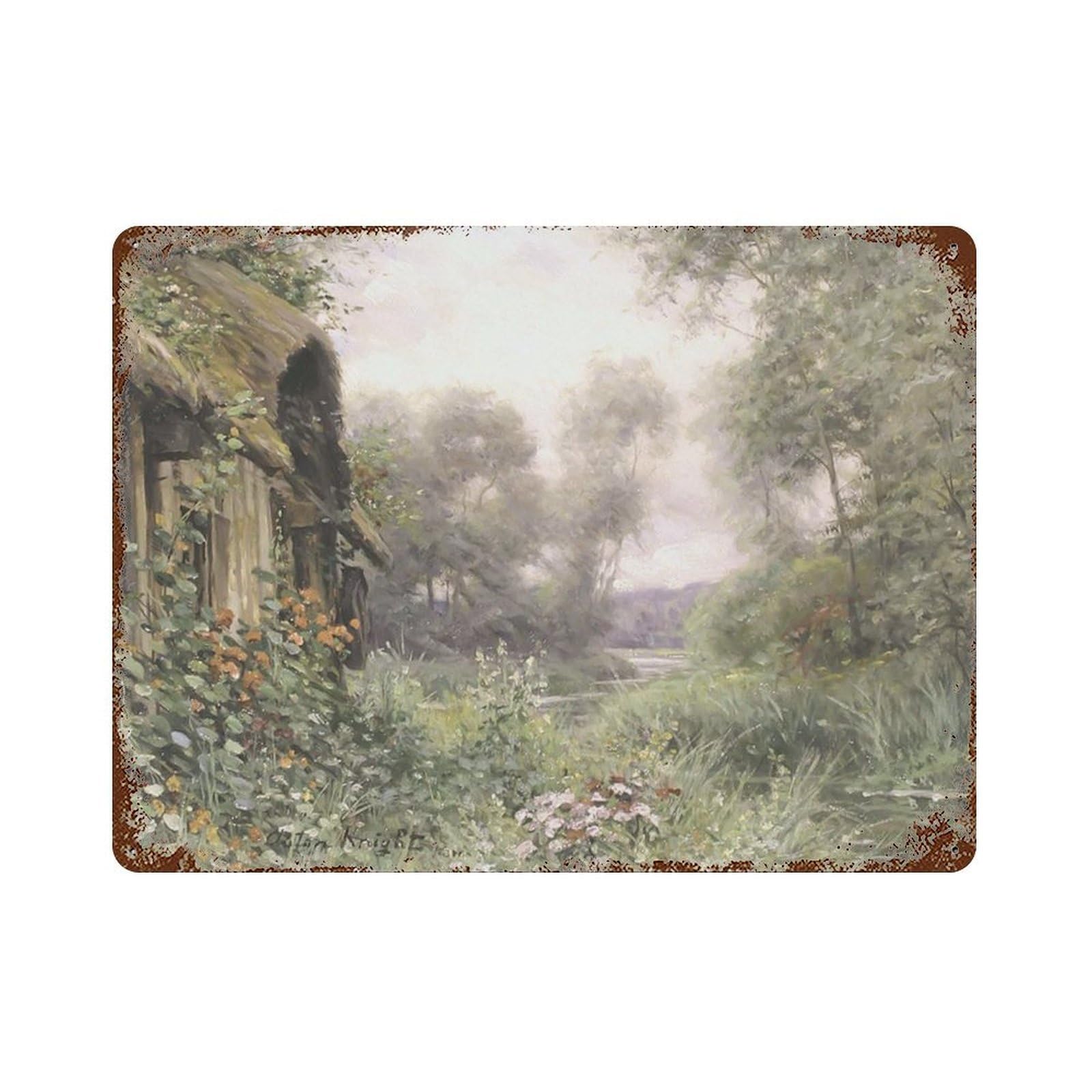 xiaoxiaoshen Cottage Oil Painting Garden Summer River Vintage Muted Wall Decor Art Metal Tin Poster Modern Home Decor Art Home Bar Shop Decorations Vintage Sign 30x40cm