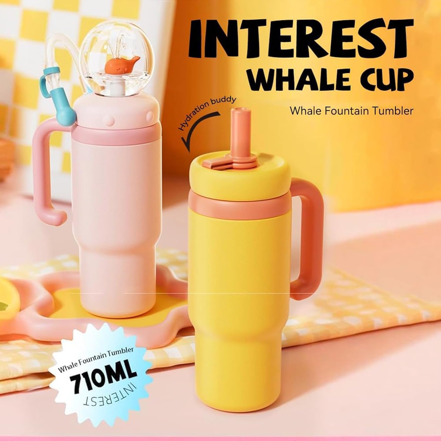 Drinking Cup With Whale Squirt, 24oz Whale Water Bottle with Handle, Insulated Stainless Steel Whale Water Cups With Two Silicone Soft Tip, Leak-Proof Whale Fountain Bottle for Kids Teens (Z-Blue)