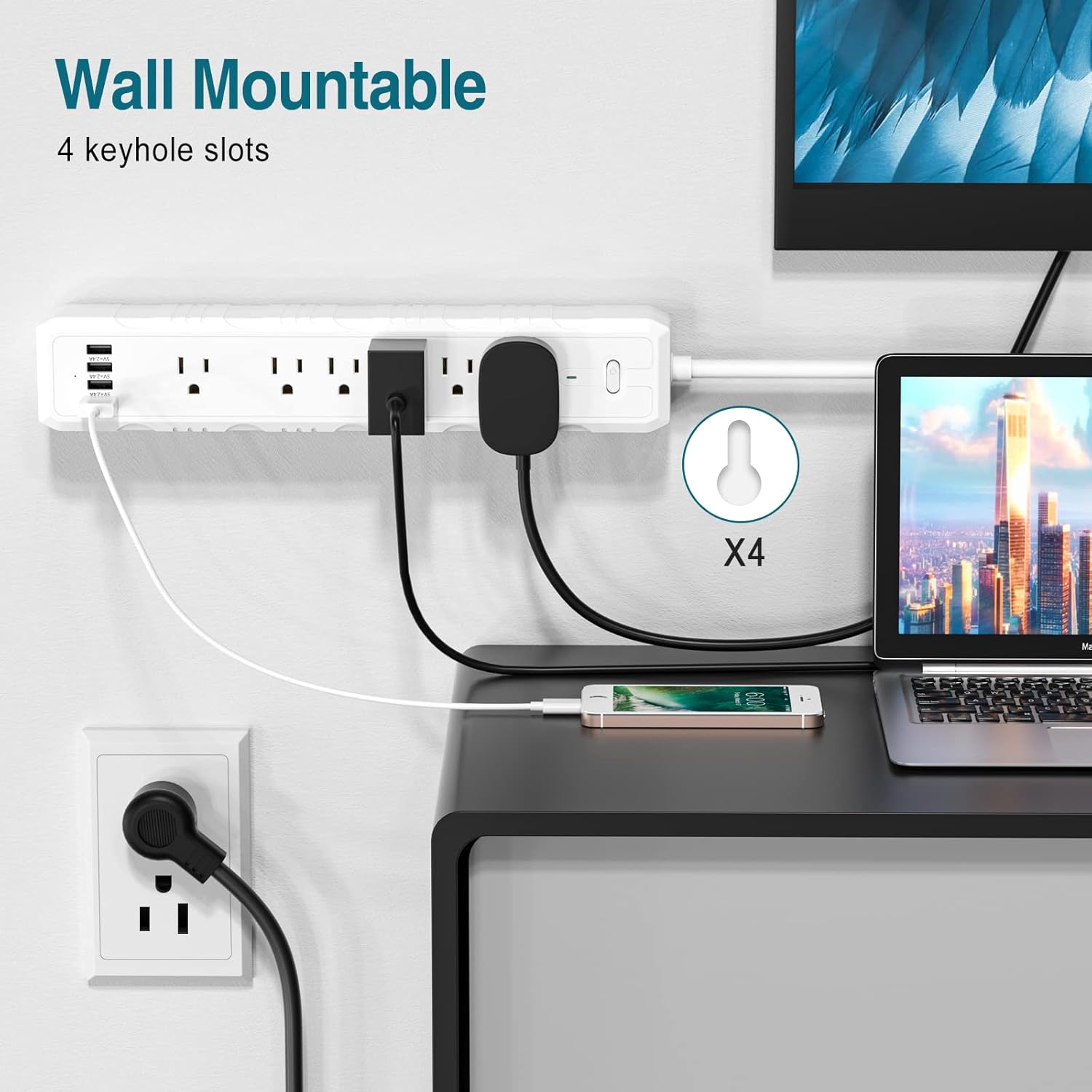 Power Strip, 2 Pack Surge Protector with 6 Outlets & 4 USB Charging Ports, Angled Flat Plug, Spaced Outlets & ETL Listed Power Outlet for Home Office - White