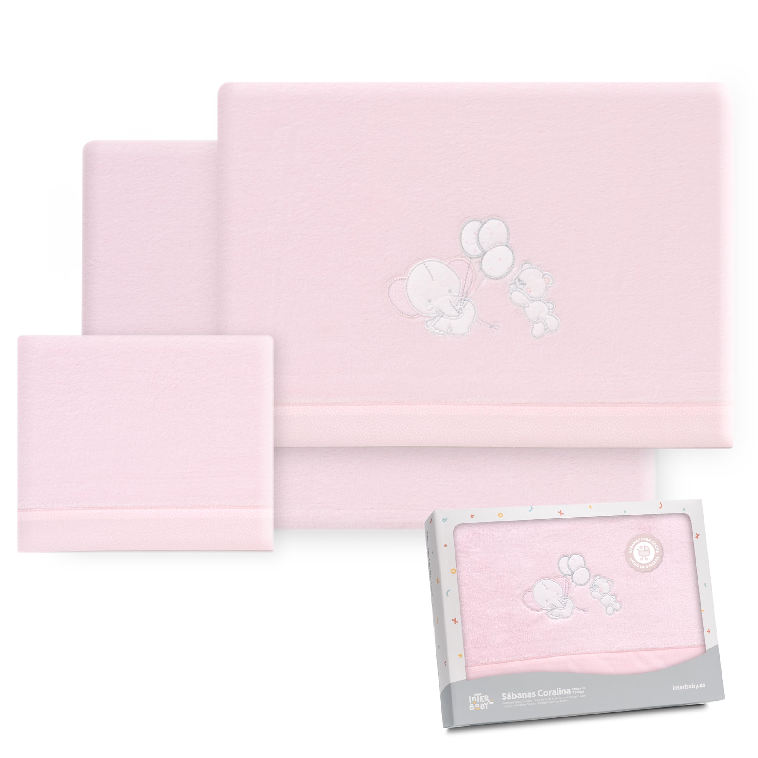 Interbaby - Set of sheets for pram 40 x 80 cm, baby - coral fabric winter sheets - elephant balloon heart - includes fitted sheet + top sheet + pillow case