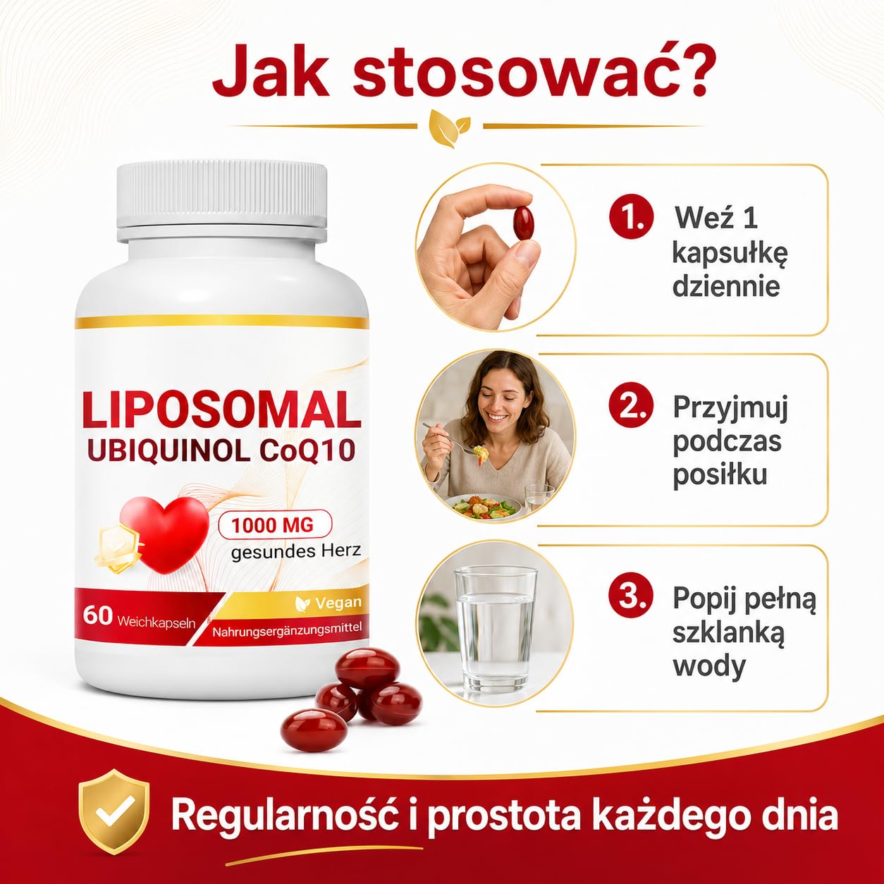 Liposomalny Ubichinol CoQ10 Kompleks 1000mg - Aktywny Koenzym Q10 Suplement - Wegańskie Kapsułki o Wysokiej Przyswajalności - 60 Sztuk