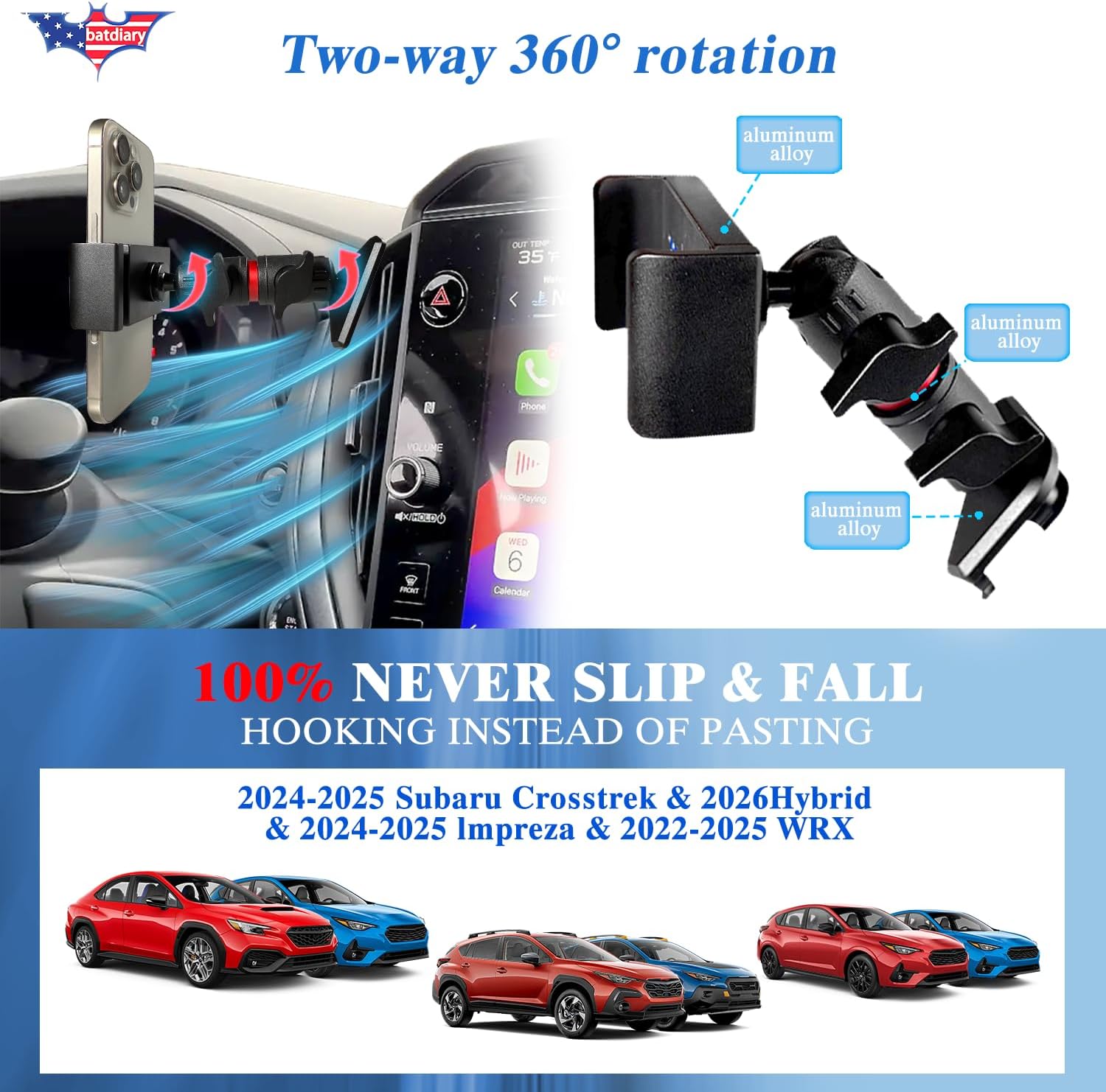 2025 Crosstrek Vent Phone Mount for 2024-2025 lmpreza 2026 Crosstrek Hybrid 2022-2025 WRX Accessories | Aluminum Telescopic Air Vent Holder | Thick Case Friendly for iPhone 16/15 Pro Max, Galaxy S24