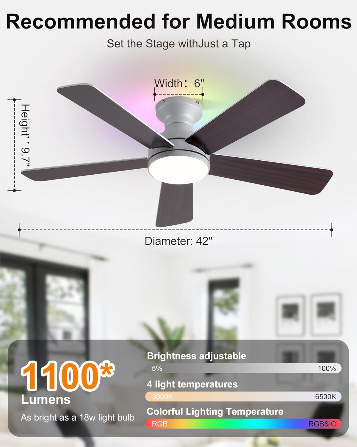 42 Inch Ceiling Fans with Lights, Smart Ceiling Fan with Alexa Google App, Silver Ceiling Fan with RGB Lights Remote, 6 Speeds Reversible DC Motor, Modern Flush Mount for Bedroom Living Room
