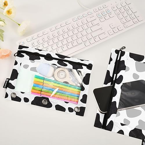 Miniatura 4 de Estuche para lápices con estampado de vaca en blanco y negro para carpeta de 3 anillos, 2 bolsas para lápices con cremallera, estuche transparente