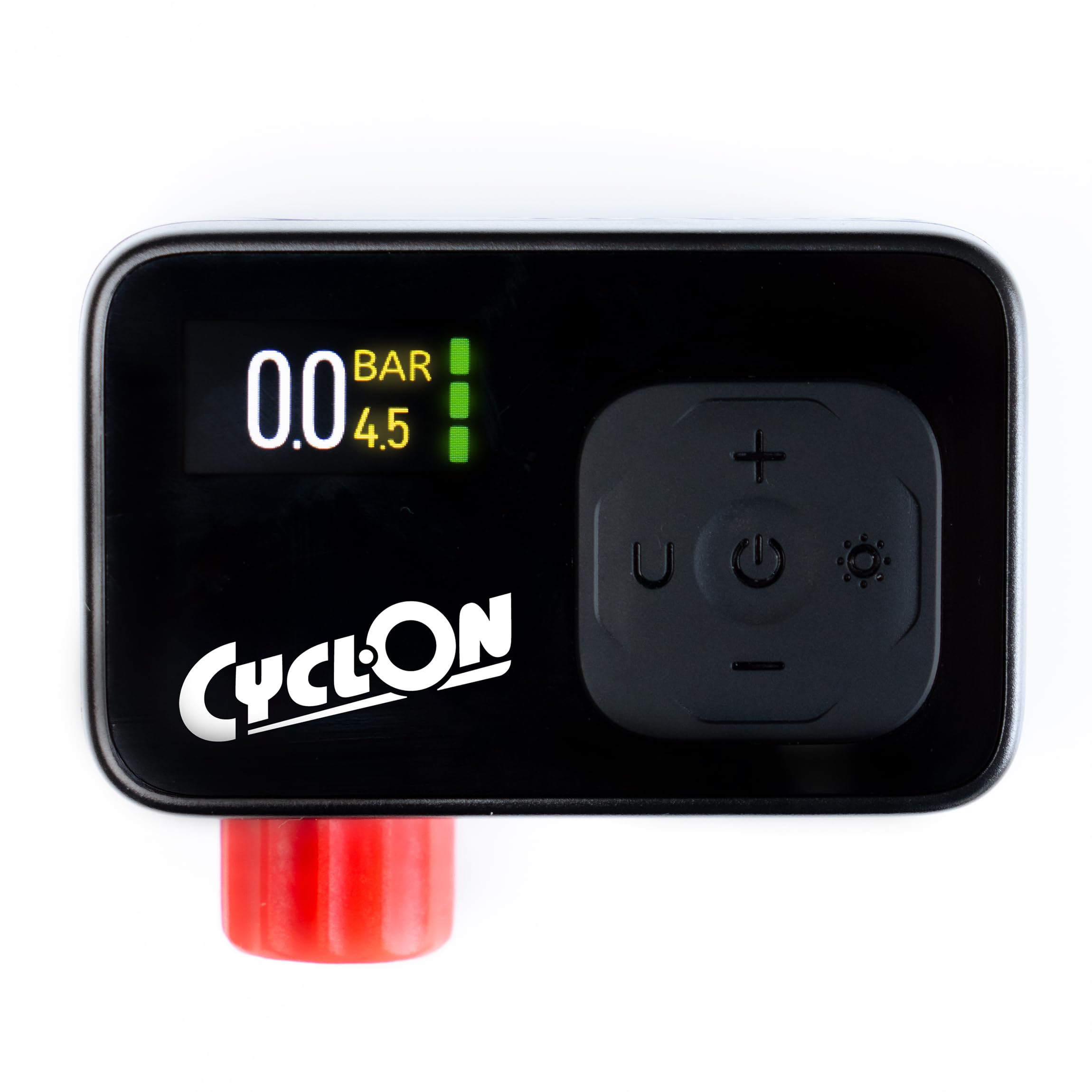 CyclOn E-Power Pump Mini pompe à vélo électrique compacte | Jusqu'à 8,3 bar / 120 PSI | Affichage de la pression LCD | Arrêt automatique | Rechargeable par USB C | Comprend des adaptateurs de valve