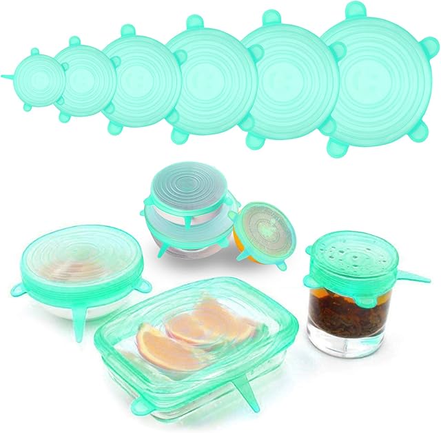 6PCS Silicone Lids Food Covers Silicone Stretch Lids 6 Different Sizes BPA Free Silicone Lids Food Covers Reusable Bowl Lids Fit Various Shape of Containers, Dishes, Bowls,Jars (Green)