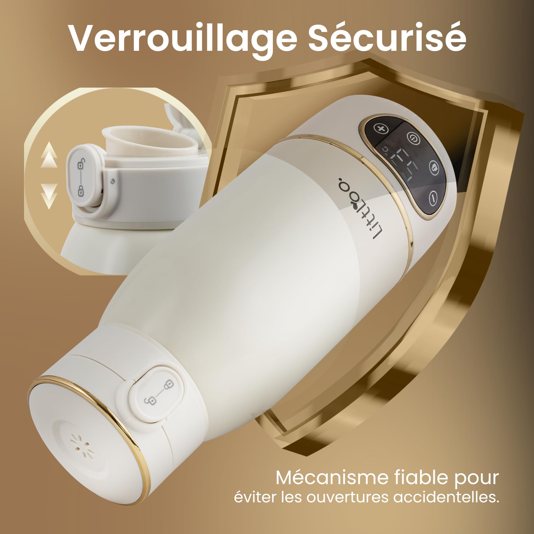 LittLoo Chauffe Biberon Sans Fil Portable, 500ml, Nomade USB-C, Température Réglable 35-65°C, Pasteurisation, Inox SUS316 Sans BPA, Autonomie 8 Biberons, Voyage Voiture Nuit, Lait Maternel