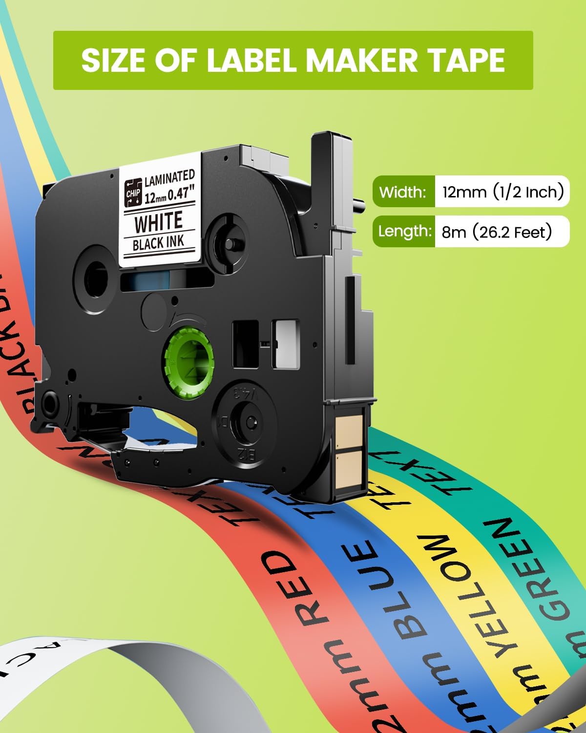 Vixic 12mm 0.47 Laminated Color BZ Tapes for H1100 D210S D480BT P780BT E1000 P3200 Labeler Compatible with Brother Ptouch PT-D210 PT-D220 PT-H110 PT-D600 D400 Label Maker, White/Red/Blue/Yellow/Green - Image 3
