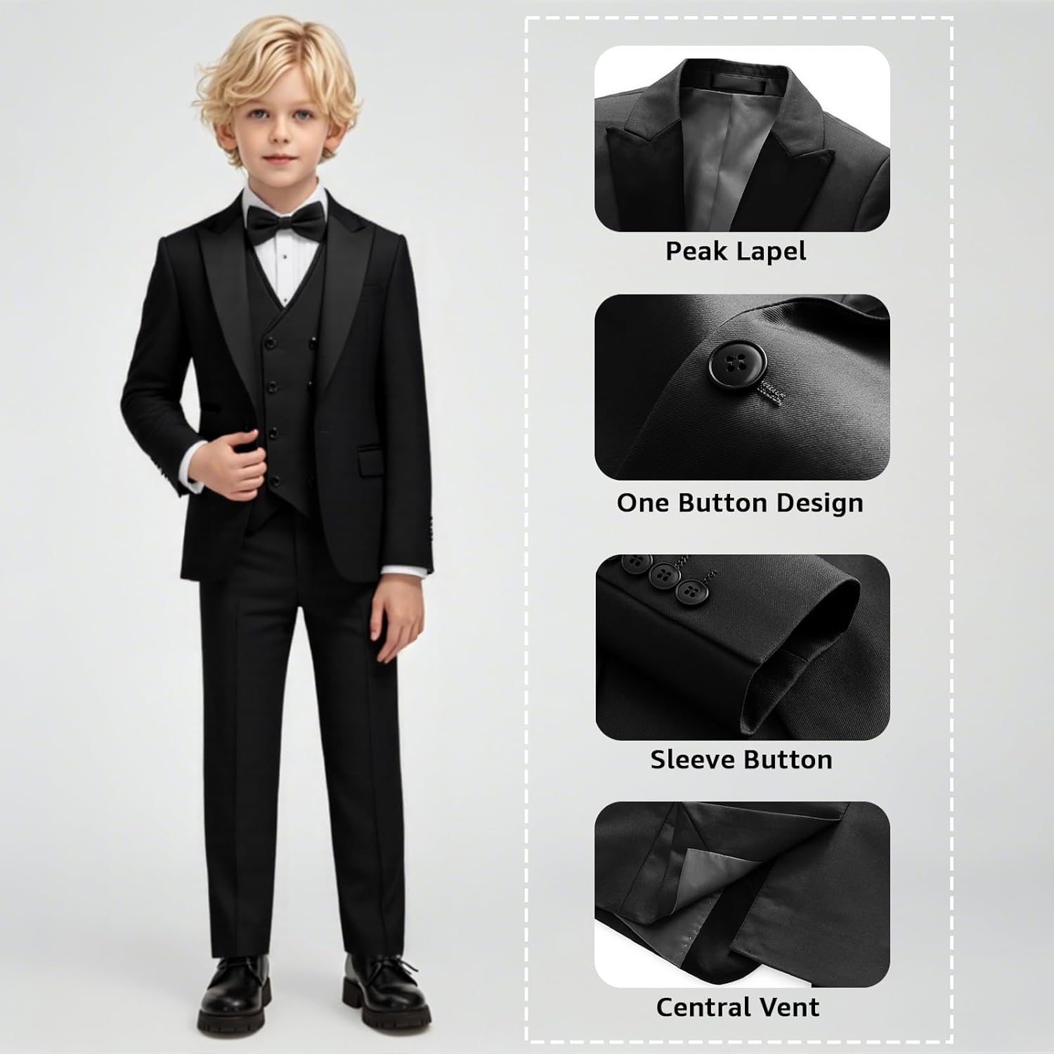 Boys Suit Set Slim Fit 4 Piece Formal Outfits Kids Suits Tuxedo Boys Vest Blazer Pants with Bow Tie for Wedding - Image 4