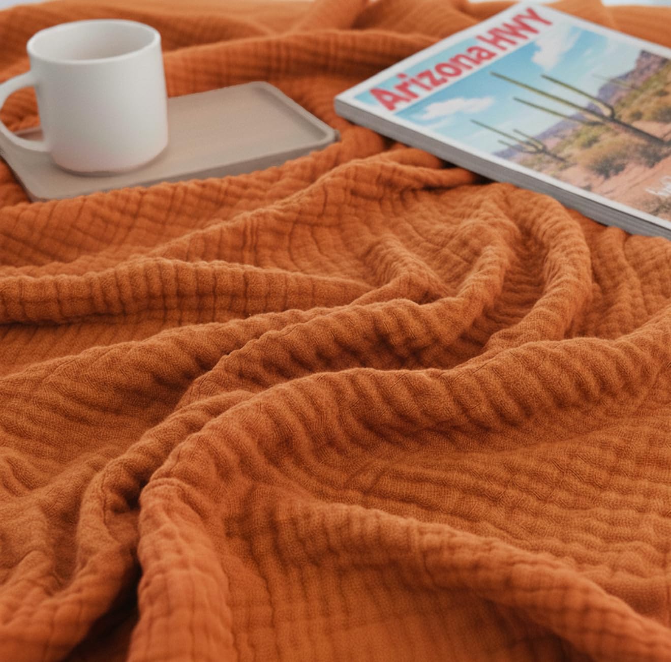 KyraHome Manta de algodón 100% orgánico de 60 x 80 Pulgadas para sofá, Adulto, prelavada, teñida con Plantas, Transpirable, Ligera y Suave, para Todas Las Estaciones (Terracota)
