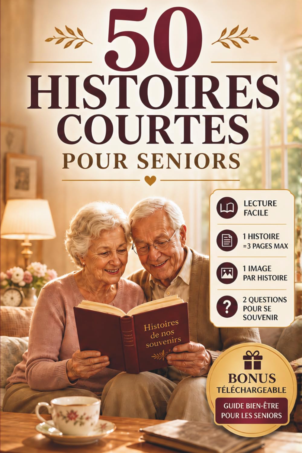 50 Histoires Courtes Pour Séniors: Récits Positifs Illustrés pour Séniors | Questions et Images pour Stimuler la Mémoire | Gros Caractères | ... | Lecture Facile | Bonus Bien-être Inclus