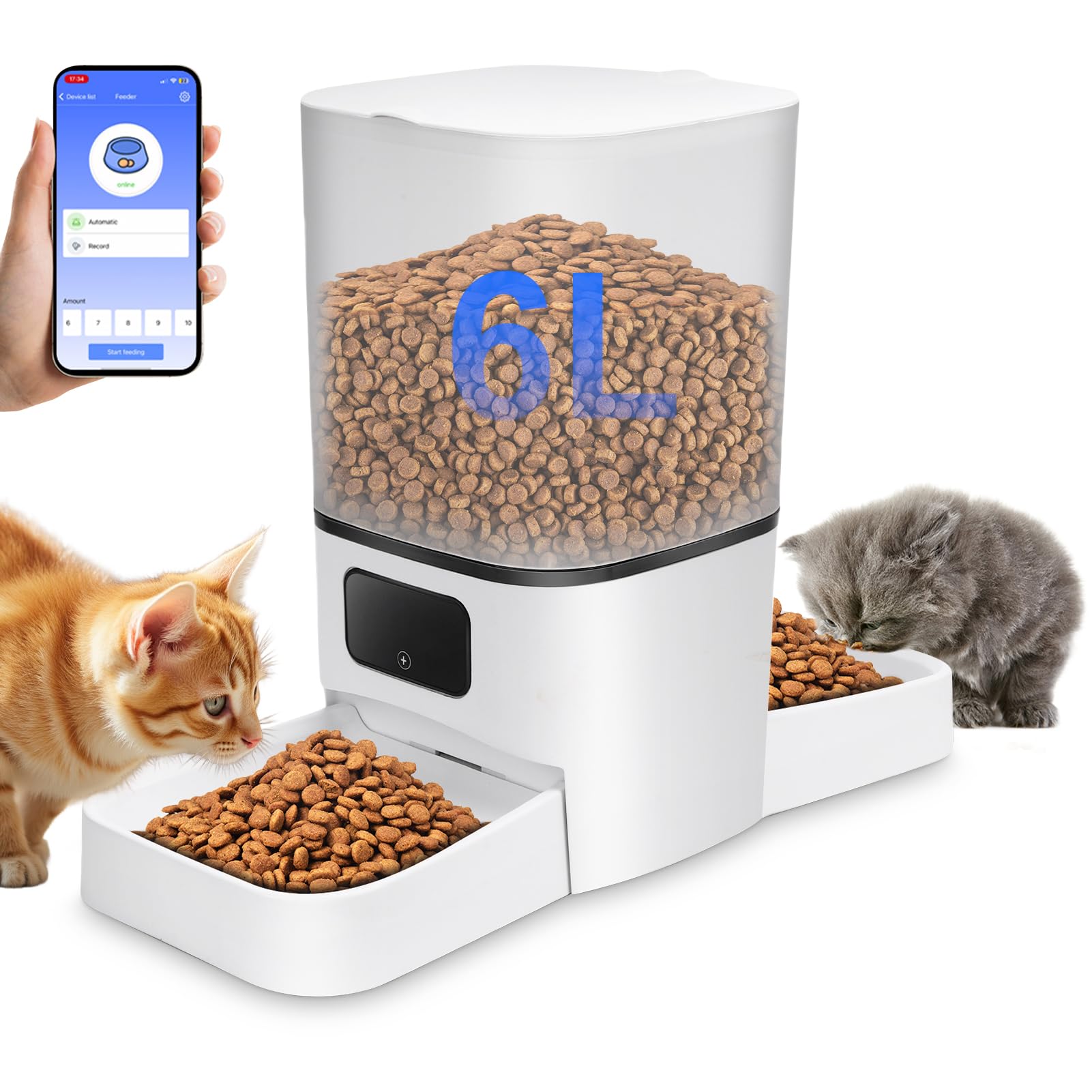 Gugxiom 6L Automatic Cat Feeder for 2 Cats, Cat Food Dispenser, Large Capacity Double Bowls Detachable, Smart APP Control Pet Food Dispenser