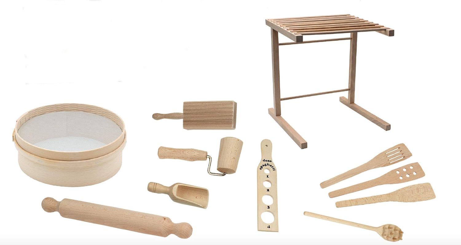 Bisetti 11 Piece Pasta Kit Including: Rolling Pin, Drying Rack, Flour Seive, Gnocchi Board and Pasta Board