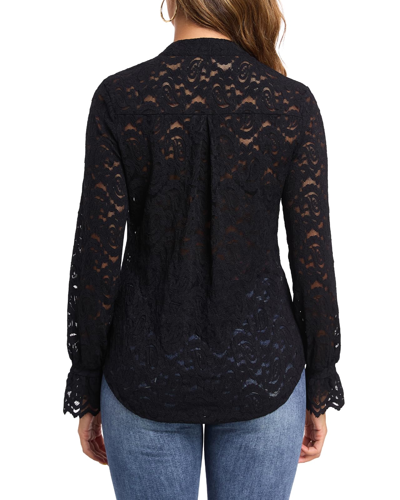 WOWENY Camicetta in pizzo da donna, a maniche lunghe, elegante, con colletto alto, in pizzo