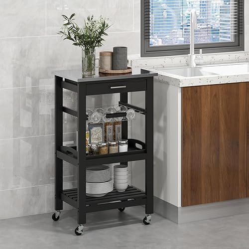Miniatura 8 de GOFLAME Carrito de isla de cocina con cajón, carrito de cocina con ruedas con encimera de acero inoxidable, cesta de metal, bandeja de servir,
