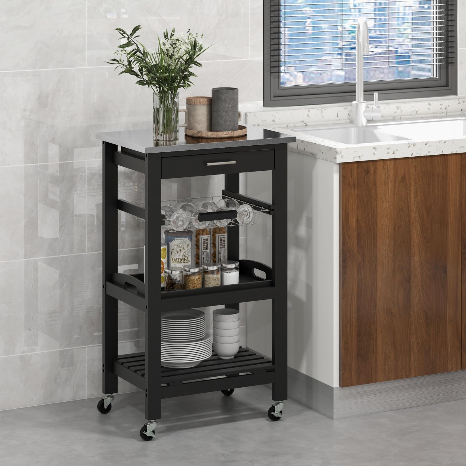 KOMFOTTEU Carrello Cucina con Ruote e Piano di Lavoro in Acciaio Inox, Carrello Portafrutta e Portavivande con Cassetto e Cestello Metallico, Carrellino Portaoggetti per Sala da Pranzo (Nero)