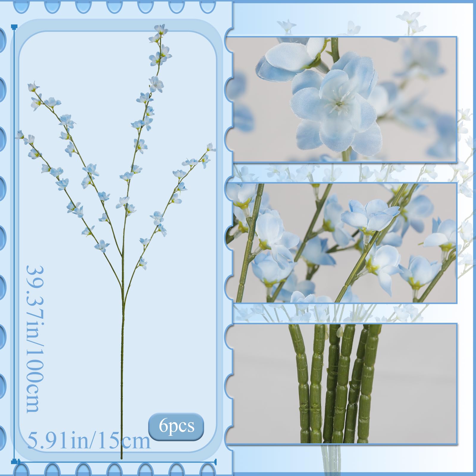 Condition photo showing New/Like New for 6 pcs artificial forsythia branches fake wildflowers baby blue 41" silk flowers with long stems faux spring flowers for tall vase indoor home decor table centerpieces party wedding outdoor