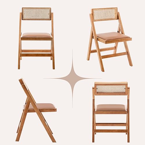 Miniatura 7 de Juego de 2 sillas de comedor plegables de cocina, sillas de mesa de ratán modernas con silla plegable de cuero de roble para sala de lectura, boda,
