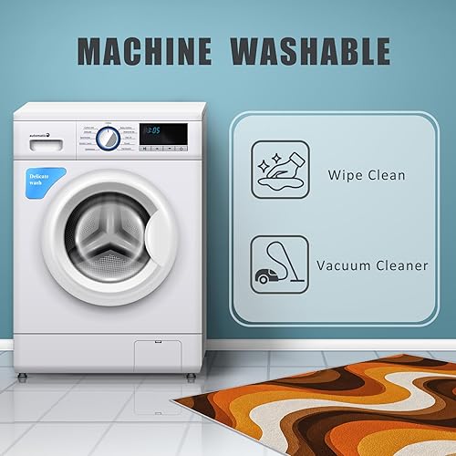 Miniatura 7 de Vintage 70s Rugs for Living Room 4x6, Retro Brown Orange Bedroom Carpet, Boho Abstract Wavy Pattern Design Area Rug, Washable Non Slip Soft Area