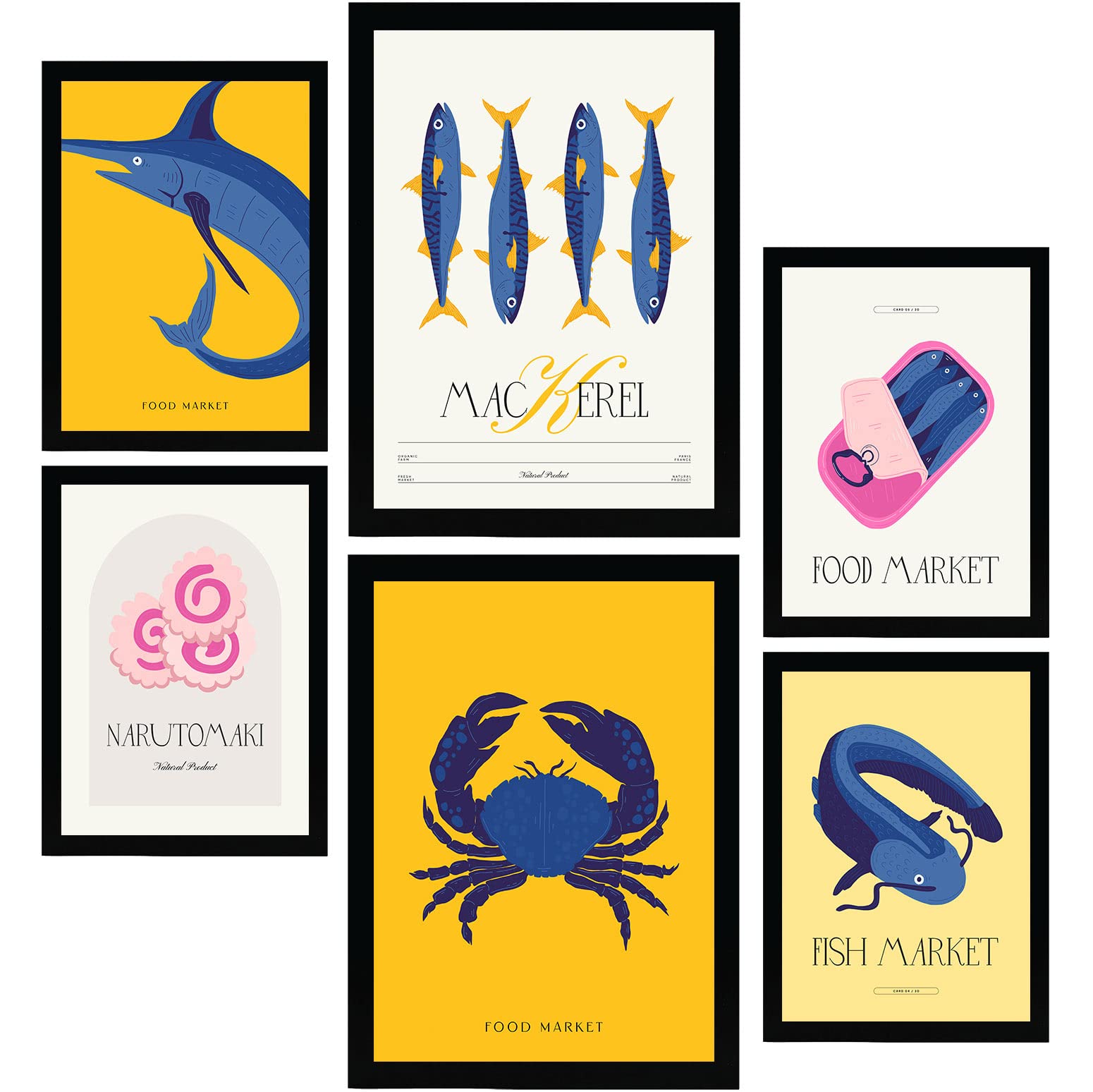 Láminas de productos del mar Nacnic, set de 6 posters de alimentación para diseño de interiores