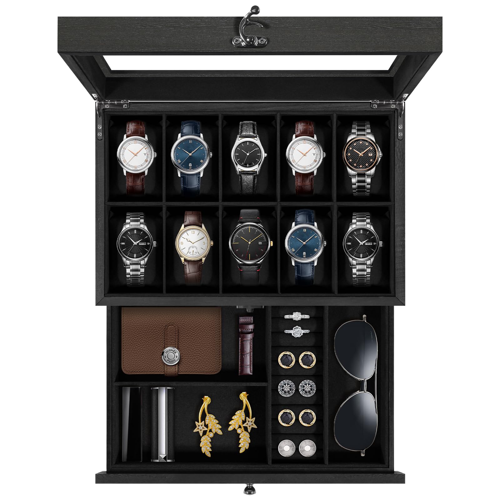 Uten Watch Box 10 Slots, 2-Tier Solid Wood Watch Case with Glass Lid, Metal Clasp, Watch Display Box for Men and Women, Removable Silk Cotton Pillow, Black Lining, Jewelry Storage Box, Gift Idea