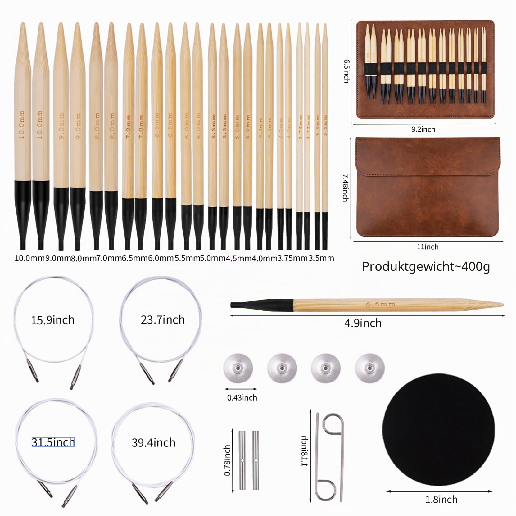 WAZAIGUR Austauschbares Rundstricknadel-Set aus Bambus mit Etuigrößen 3,5 mm, 3,75 mm, 4 mm, 4,5 mm, 5 mm, 5,5 mm, 6 mm, 6,5 mm, 7 mm, 8 mm, 9 mm, 10 mm, 12 Paar, 4 Kabel