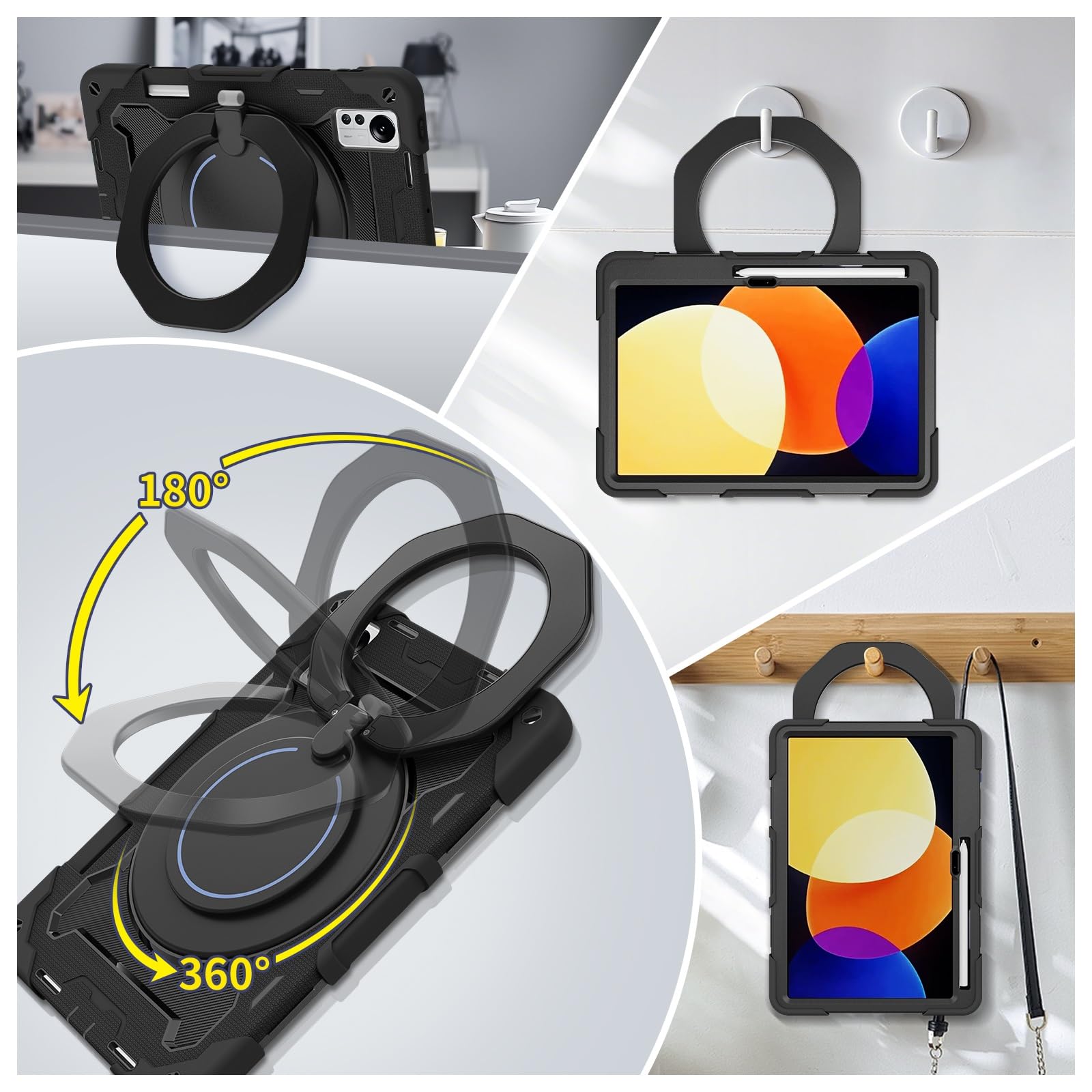 Custodia protettiva completa, resistente, per Xiaomi Mi Pad 5 Pro da 12,4 pollici, supporto girevole a 360°, tracolla, portapenne e anello per impugnatura, copertura antiurto, per bambini e adulti