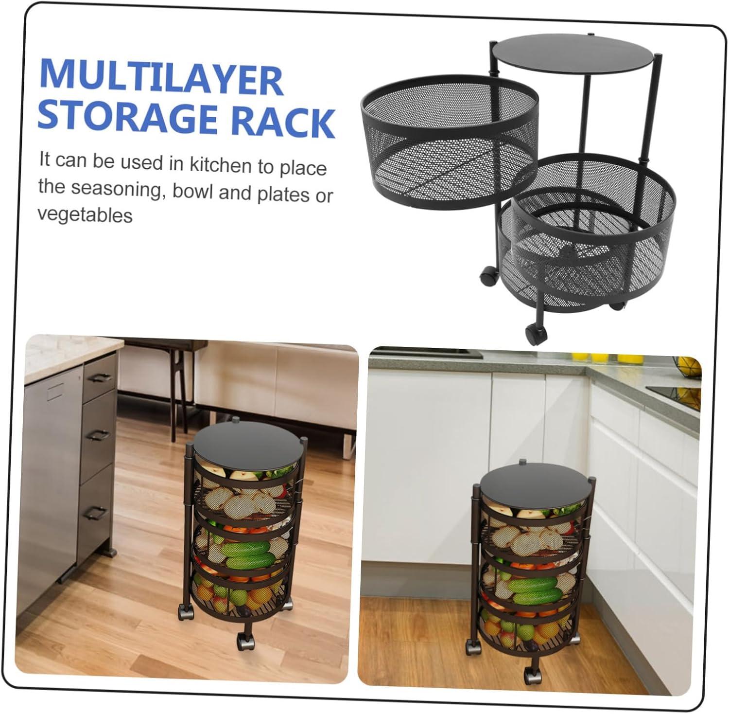 1Pc Rotating Floor Storage Shelf with Wheels Movable Rack for Kitchen and Bathroom Organization Household Storage Holder for Vegetables and Fruits