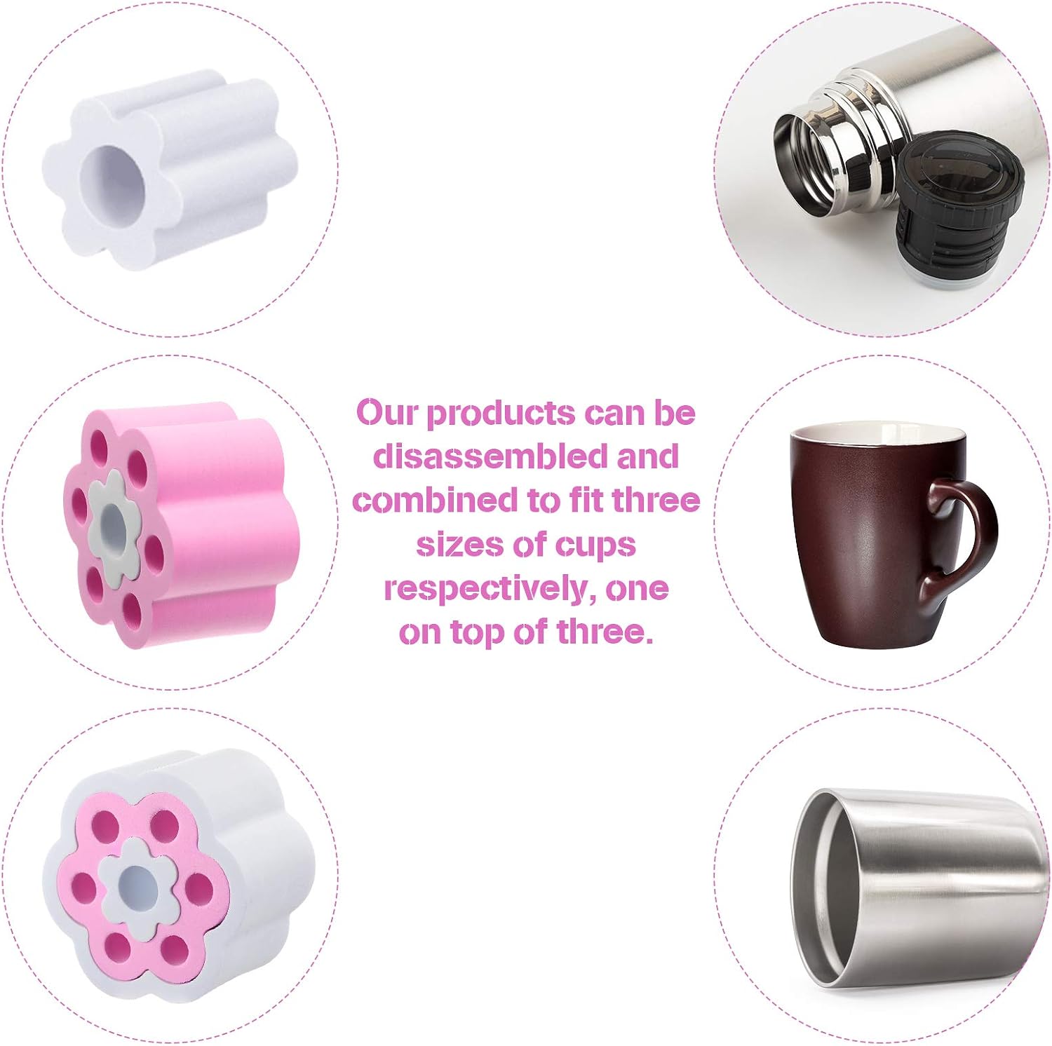 Zonon Three in One Cup Turner Foam Set 3 Sizes (1.57/3.19/3.74 Inches) in Water Bottles, Detachable and Easy Combination (White, Pink,4 Pieces)