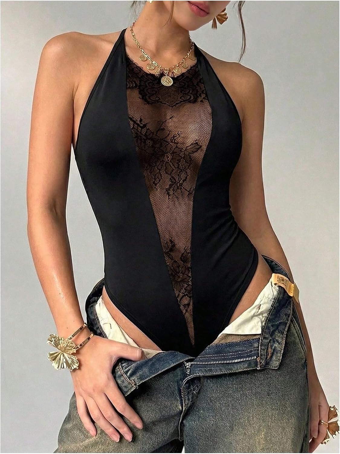 Milumia Women's Floral Lace Mesh Halter Bodysuit Sexy See Through Sleeveless Club Party Leotard Tops